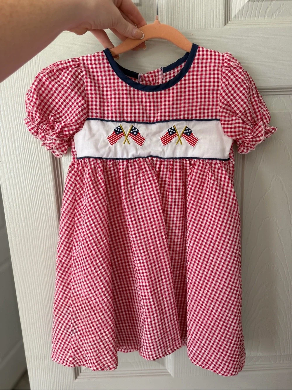 Red Gingham Toddler Dress with Flag Smocking